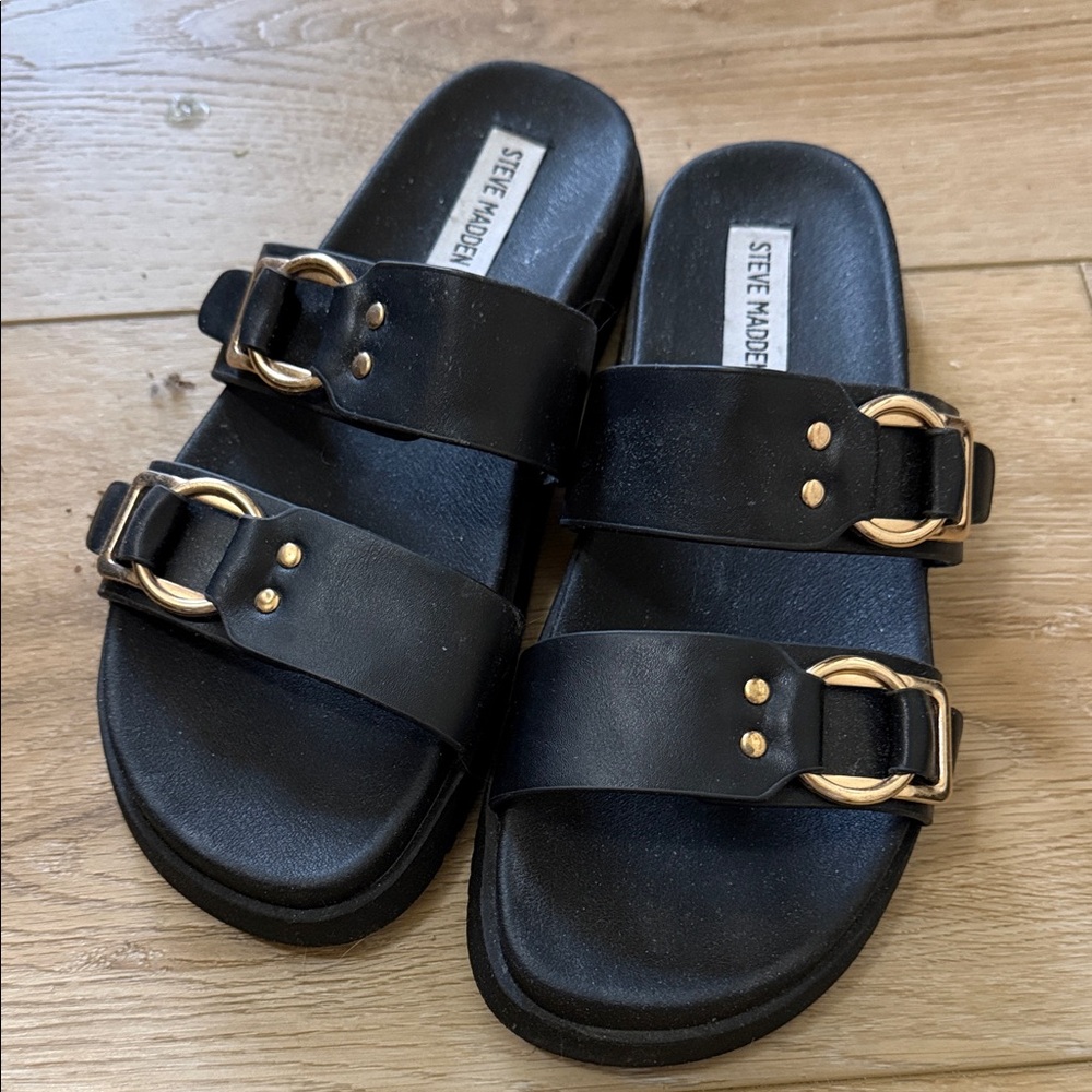 Steve Madden Black Slide Sandals with Gold Buckles